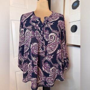 NWOT Lucky Brand Purple Blue Paisley Semi Sheer 1/4 Button Blouse